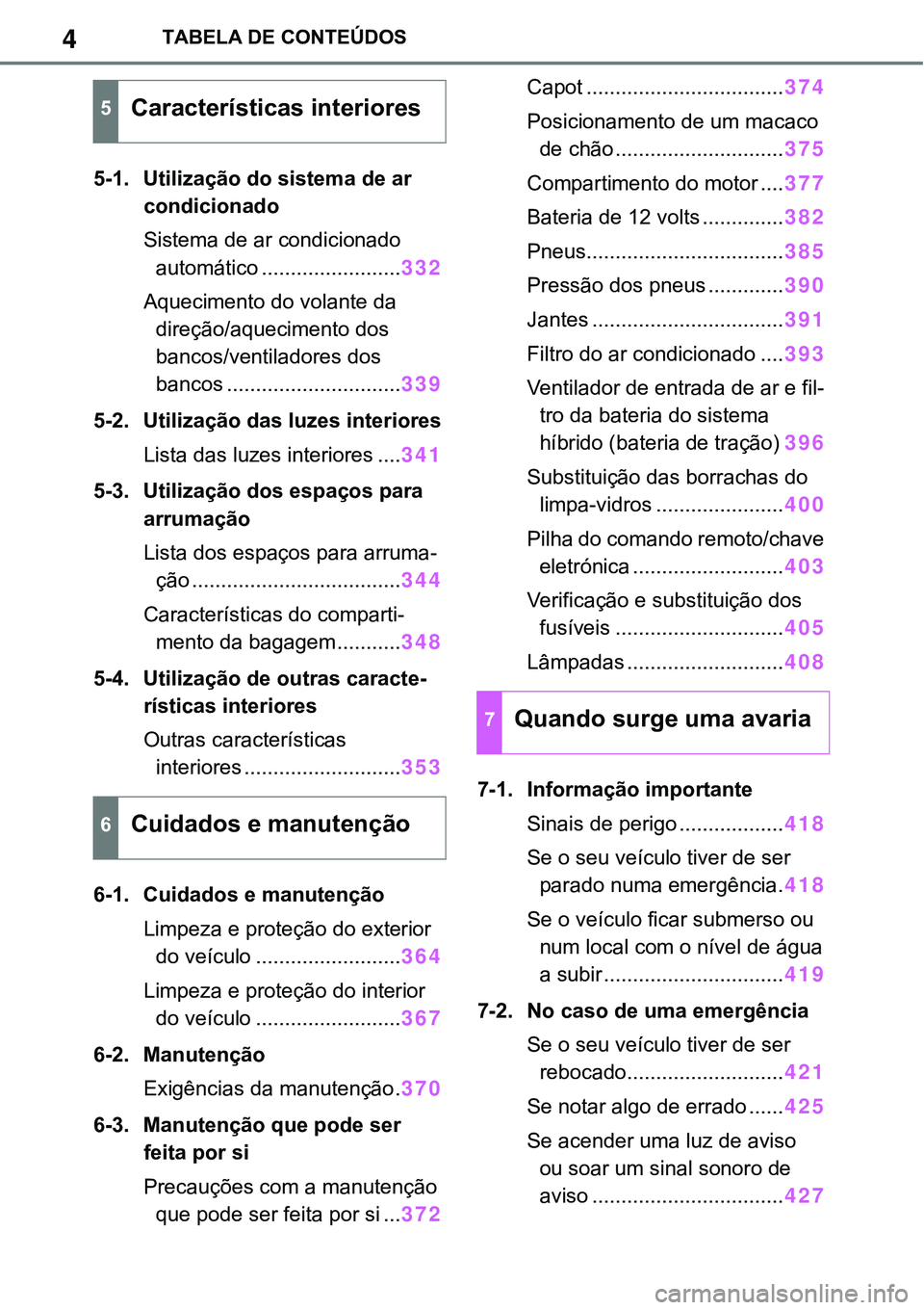 TOYOTA RAV4 2022 Manual de utilização (in Portuguese) 4TABELA DE CONTEÚDOS
5-1. Utilização do sistema de ar
condicionado
Sistema de ar condicionado
automático
........................332
Aquecimento do volante da
direção/aquecimento dos
b TOYOTA RAV4 2022 Manual de utilização (in Portuguese) 4TABELA DE CONTEÚDOS
5-1. Utilização do sistema de ar
condicionado
Sistema de ar condicionado
automático
........................332
Aquecimento do volante da
direção/aquecimento dos
b