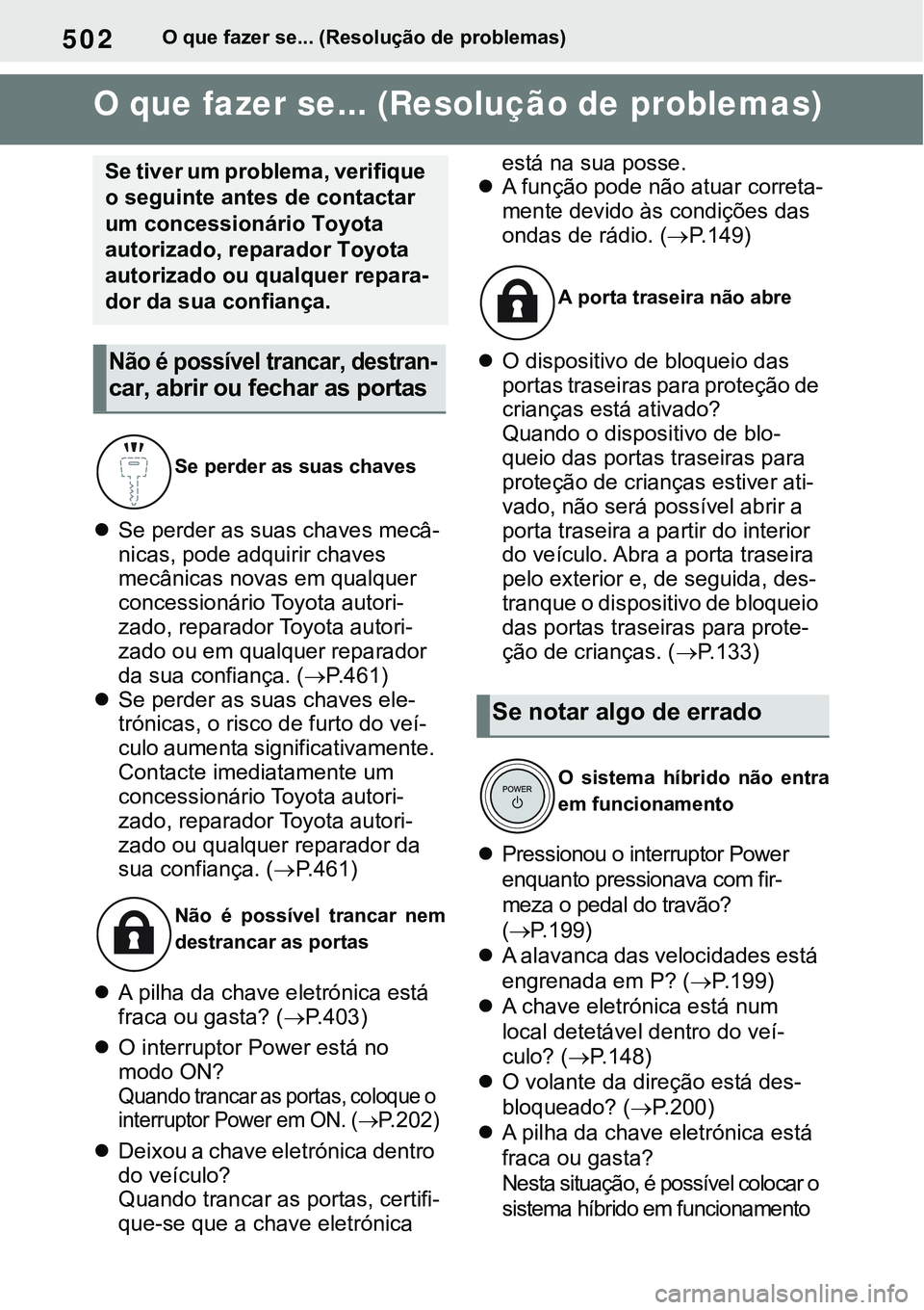 TOYOTA RAV4 2022  Manual de utilização (in Portuguese) 502O que fazer se... (Resolução de problemas)
1-1.What to do if... (Troubleshooting)O que fazer se... (Resolução de problemas)
Se perder as suas chaves mecâ-
nicas, pode adquirir chaves 
mecâ