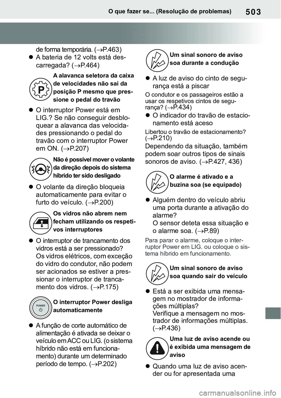 TOYOTA RAV4 2022  Manual de utilização (in Portuguese) 503O que fazer se... (Resolução de problemas)
de forma temporária. (P.463)
A bateria de 12 volts está des-
carregada? (P. 4 6 4)
O interruptor Power está em 
LIG.? Se não conseguir d