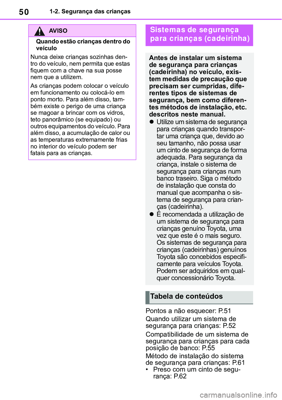 TOYOTA RAV4 2022  Manual de utilização (in Portuguese) 501-2. Segurança das crianças
Pontos a não esquecer: P. 5 1
Quando utilizar um sistema de 
segurança para crianças: 
P. 5 2
Compatibilidade de um sistema de 
segurança para crianças para cada 
