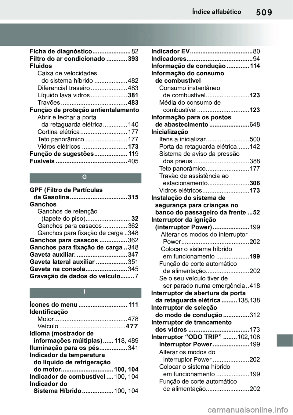 TOYOTA RAV4 2022  Manual de utilização (in Portuguese) 509Índice alfabético
Ficha de diagnóstico ......................82
Filtro do ar condicionado ............ 393
Fluidos
Caixa de velocidades 
do sistema híbrido ................... 482
Diferencia