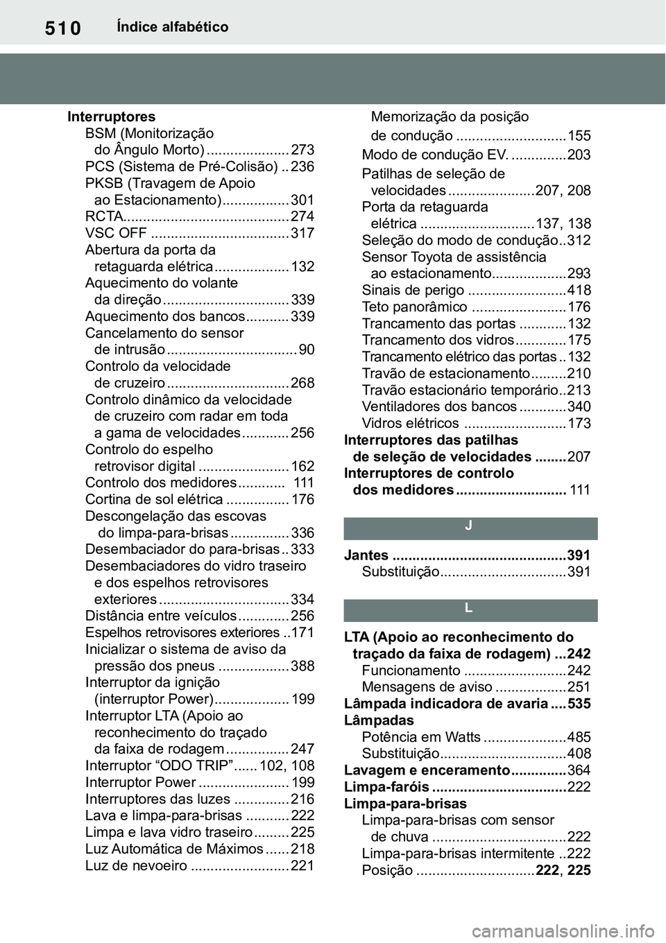 TOYOTA RAV4 2022  Manual de utilização (in Portuguese) 510Índice alfabético
Interruptores
BSM (Monitorização 
do Ângulo Morto) ..................... 273
PCS (Sistema de Pré-Colisão) .. 236
PKSB (Travagem de Apoio 
ao Estacionamento) .........