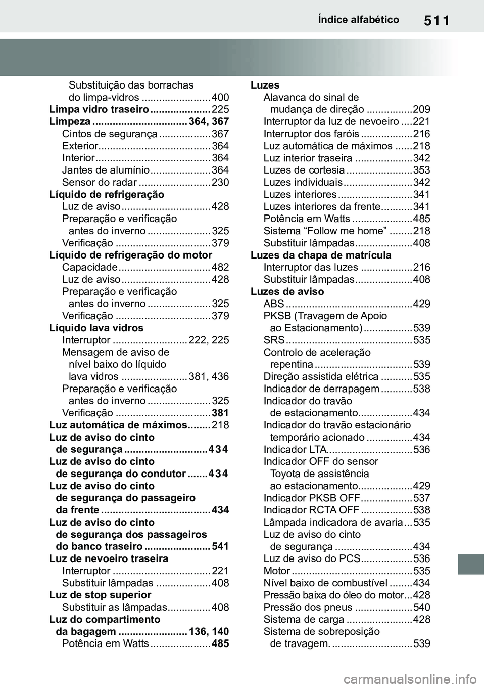 TOYOTA RAV4 2022  Manual de utilização (in Portuguese) 511Índice alfabético
Substituição das borrachas 
do limpa-vidros ........................ 400
Limpa vidro traseiro .....................225
Limpeza ................................. 364, 367
Ci