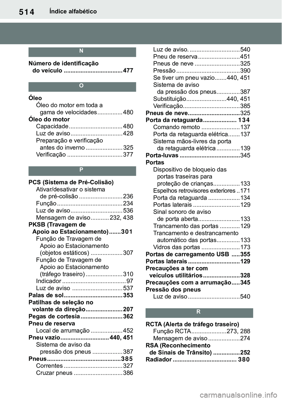 TOYOTA RAV4 2022  Manual de utilização (in Portuguese) 514Índice alfabético
N
Número de identificação 
do veículo ................................... 477
O
Óleo
Óleo do motor em toda a 
gama de velocidades ............... 480
Óleo do motor 