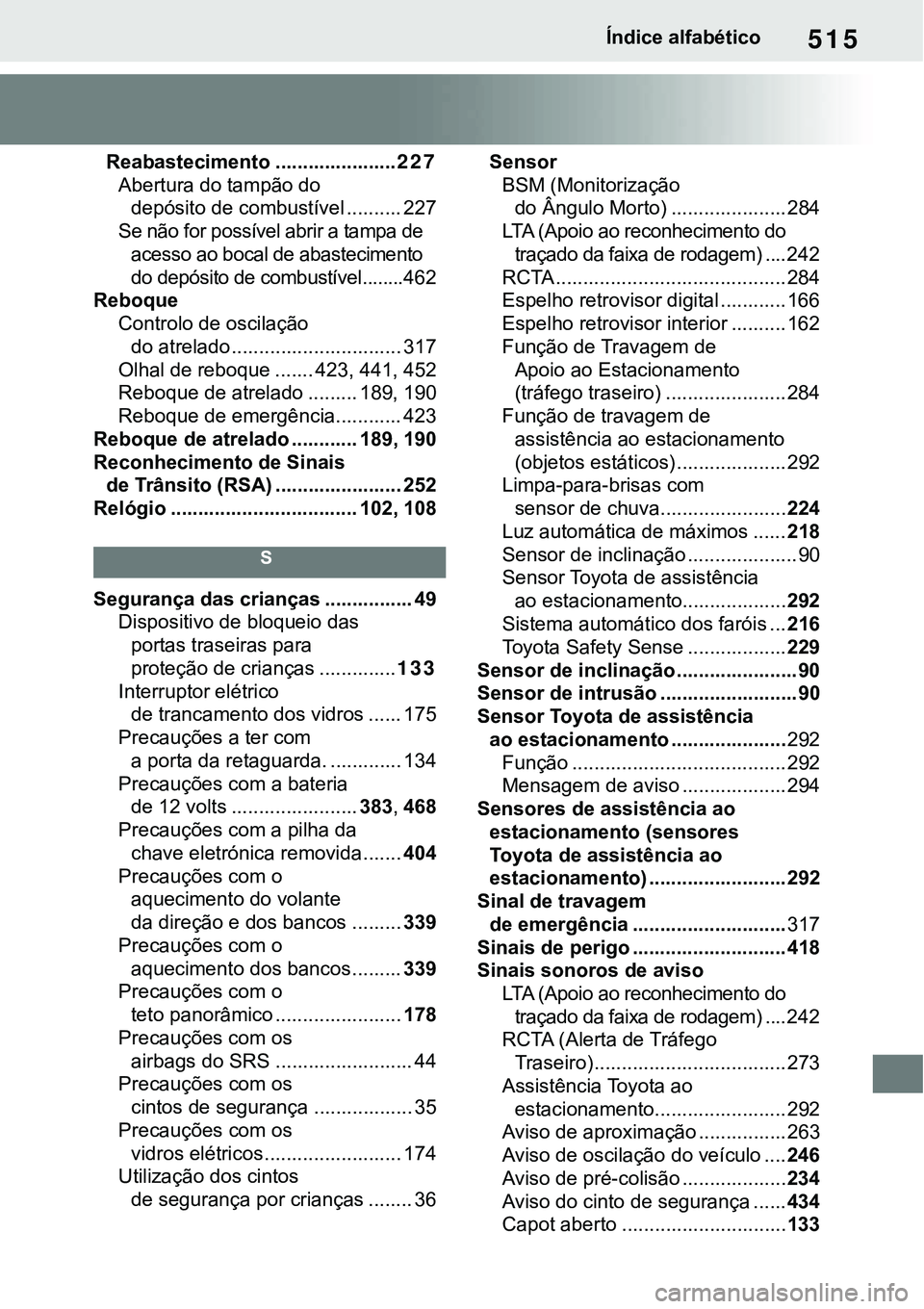 TOYOTA RAV4 2022  Manual de utilização (in Portuguese) 515Índice alfabético
Reabastecimento ......................227
Abertura do tampão do 
depósito de combustível .......... 227
Se não for possível abrir a tampa de 
acesso ao bocal de abasteci