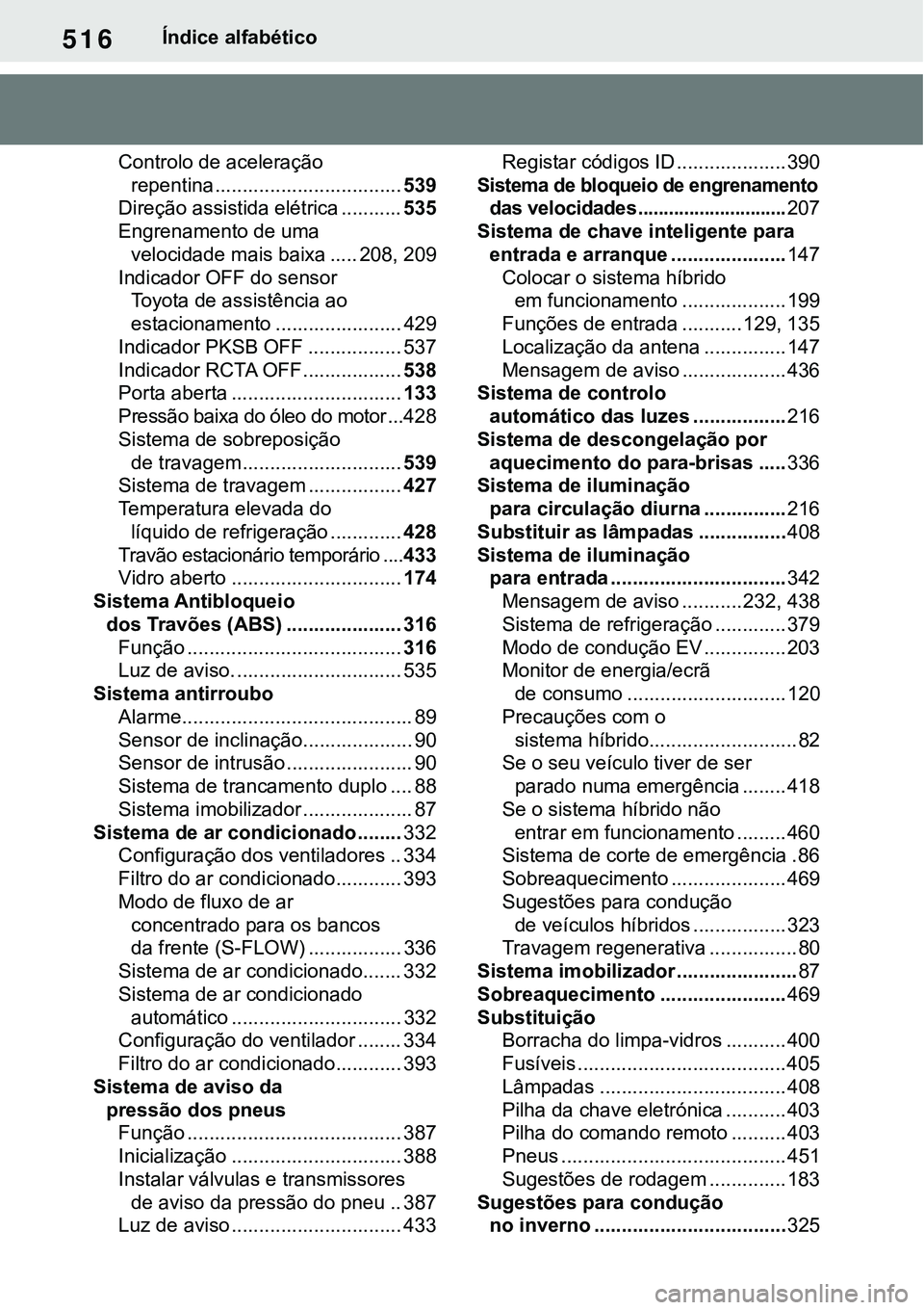 TOYOTA RAV4 2022  Manual de utilização (in Portuguese) 516Índice alfabético
Controlo de aceleração 
repentina..................................539
Direção assistida elétrica ...........535
Engrenamento de uma 
velocidade mais baixa ..... 208,