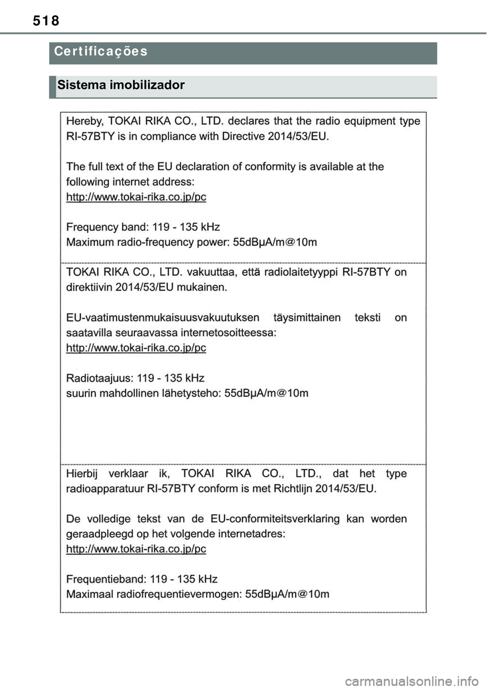 TOYOTA RAV4 2022  Manual de utilização (in Portuguese) 518
Certificações
Sistema imobilizador 