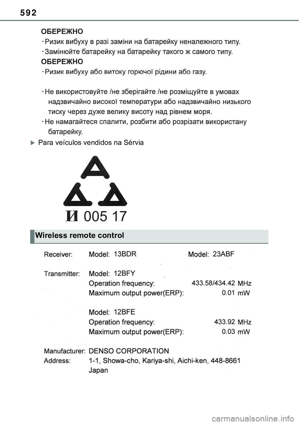 TOYOTA RAV4 2022  Manual de utilização (in Portuguese) 592
Para veículos vendidos na Sérvia
Wireless remote control 
