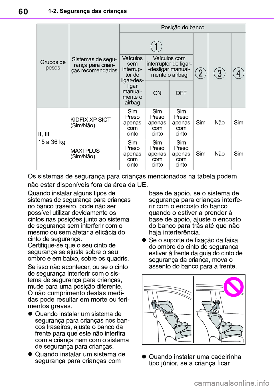 TOYOTA RAV4 2022  Manual de utilização (in Portuguese) 601-2. Segurança das crianças
Os sistemas de segurança para crianças mencionados na tabela podem 
não estar disponíveis fora da área da UE.
Quando instalar alguns tipos de 
sistemas de seguran