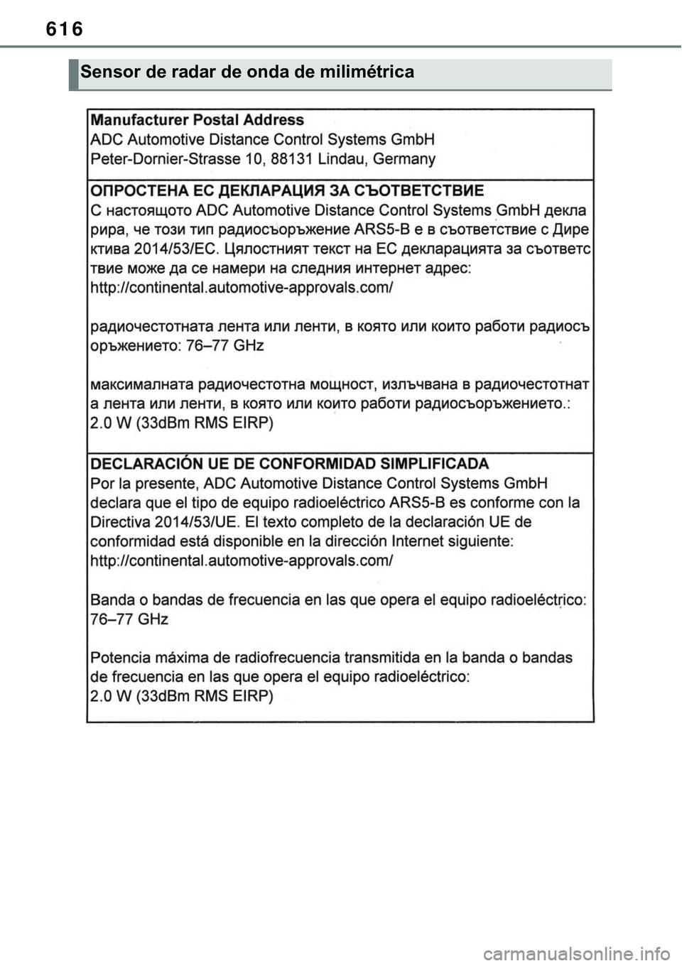 TOYOTA RAV4 2022  Manual de utilização (in Portuguese) 616
Sensor de radar de onda de milimétrica 