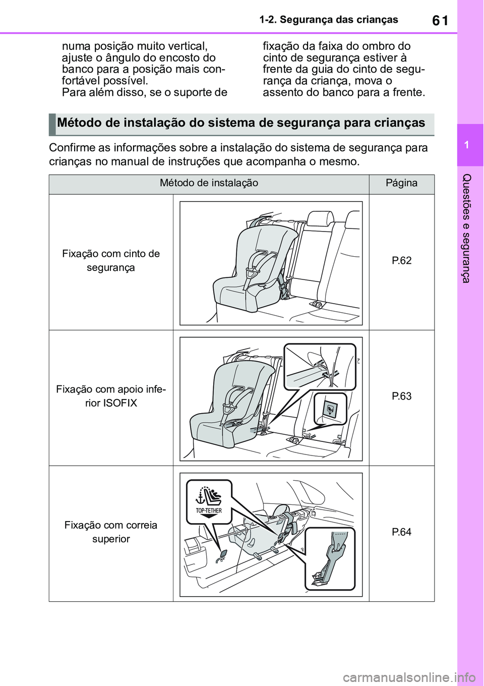 TOYOTA RAV4 2022  Manual de utilização (in Portuguese) 61
1 1-2. Segurança das crianças
Questões e segurança
numa posição muito vertical, 
ajuste o ângulo do encosto do 
banco para a posição mais con
-
fortável possível.
Para além disso, se