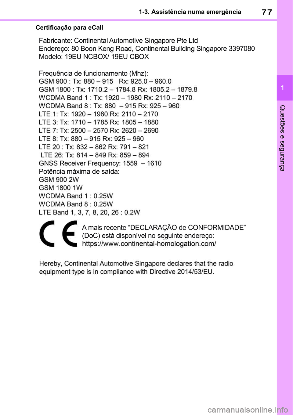 TOYOTA RAV4 2022  Manual de utilização (in Portuguese) 77
1 1-3. Assistência numa emergência
Questões e segurança
Certificação para eCall
Fabricante: Continental Automotive Singapore Pte Ltd
Endereço: 80 Boon Keng Road, Continental Building Singapo