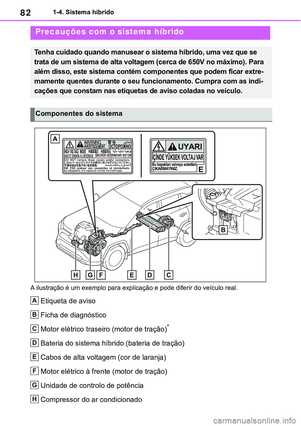 TOYOTA RAV4 2022  Manual de utilização (in Portuguese) 821-4. Sistema híbrido
A ilustração é um exemplo para explicação e pode diferir do veículo real.
Etiqueta de aviso
Ficha de diagnóstico
Motor elétrico traseiro (motor de tração)*
Bateria do