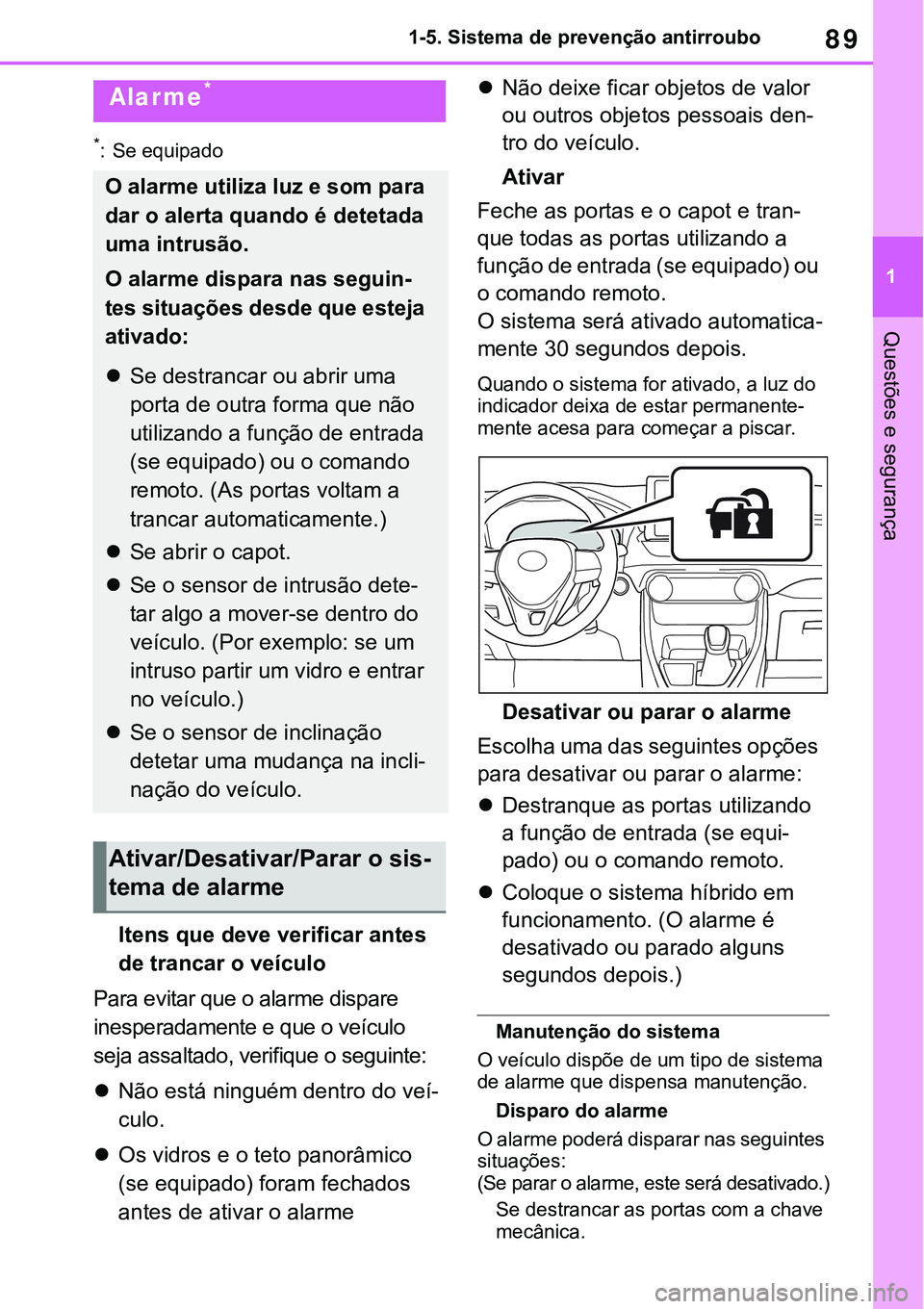 TOYOTA RAV4 2022  Manual de utilização (in Portuguese) 89
1 1-5. Sistema de prevenção antirroubo
Questões e segurança
*: Se equipado
Itens que deve verificar antes 
de trancar o veículo
Para evitar que o alarme dispare 
inesperadamente e que o veícu