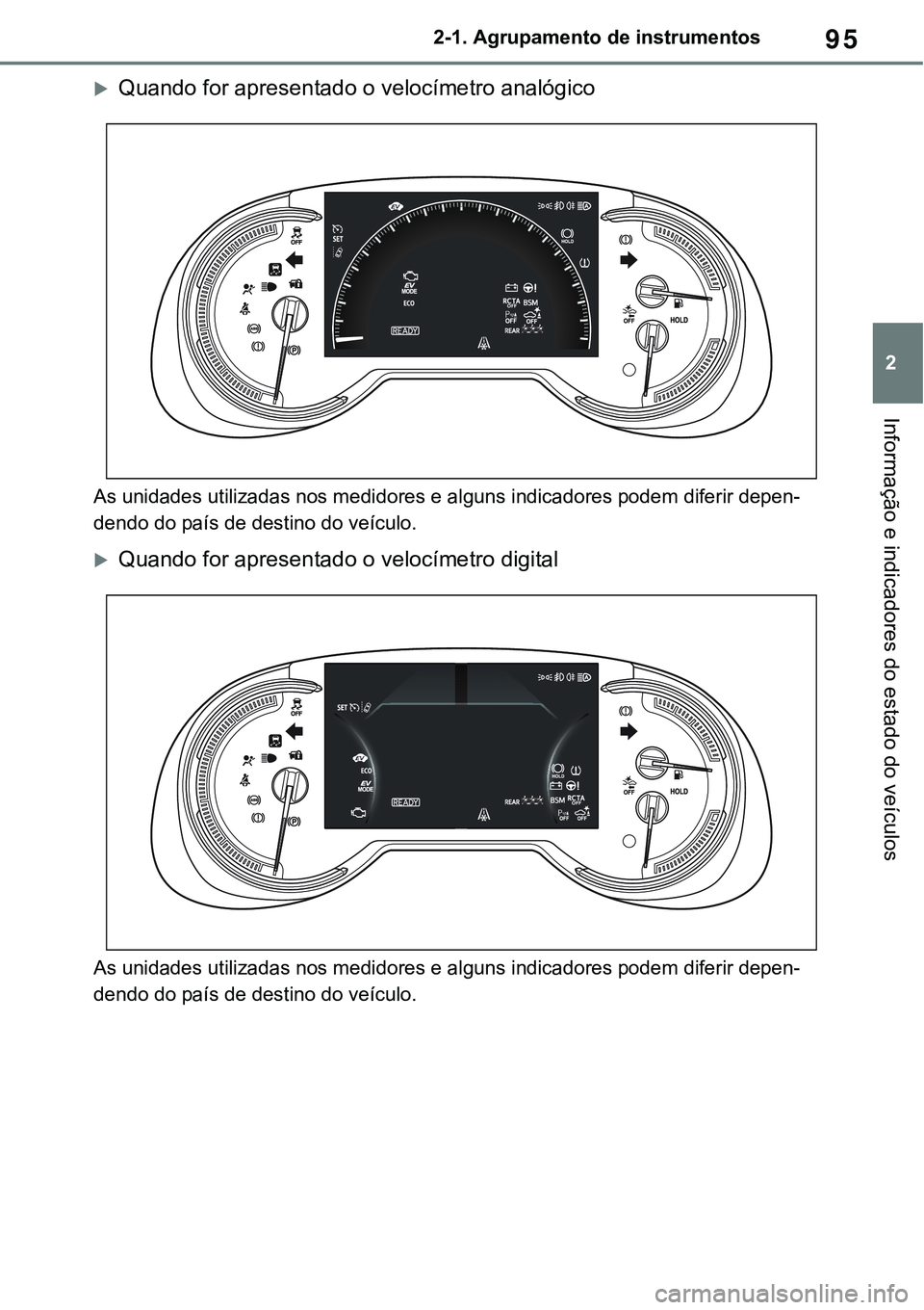 TOYOTA RAV4 2022  Manual de utilização (in Portuguese) 95
2 2-1. Agrupamento de instrumentos
Informação e indicadores do estado do veículos
Quando for apresentado o velocímetro analógico
As unidades utilizadas nos medidores e alguns indicadores po