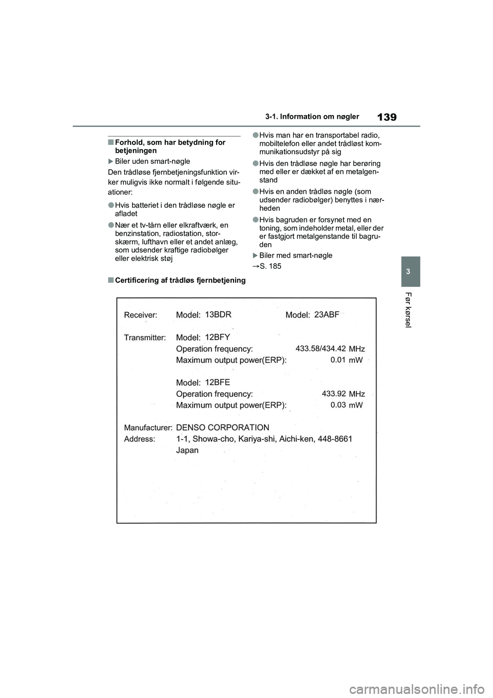 TOYOTA RAV4 2021  Brugsanvisning (in Danish) 139
3
3-1. Information om nøgler
Før kørsel
nForhold, som har betydning for 
betjeningen
Biler uden smart-nøgle
Den trådløse fjernbetjeningsfunktion vir-
ker muligvis ikke normalt i følgende