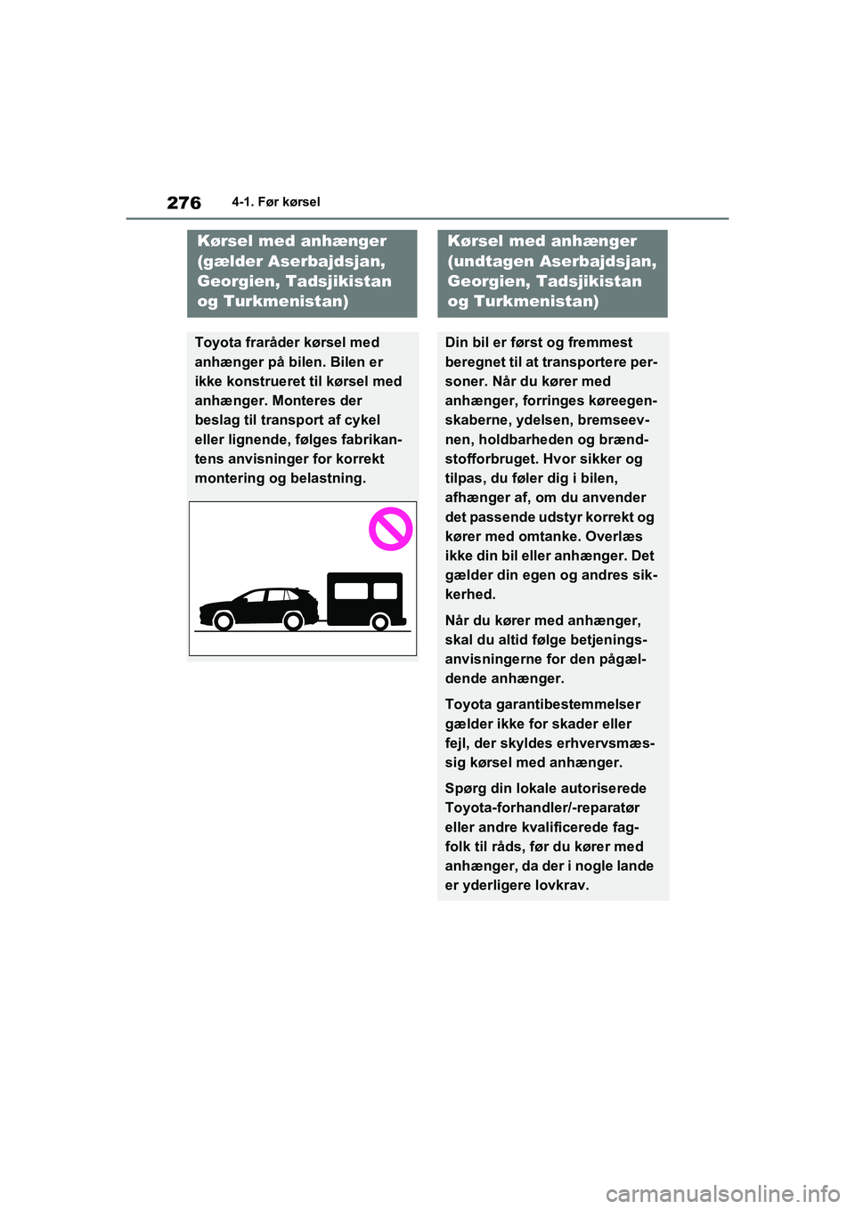 TOYOTA RAV4 2021 Brugsanvisning (in Danish) 2764-1. Før kørsel
Kørsel med anhænger
(gælder Aserbajdsjan,
Georgien, Tadsjikistan
og Turkmenistan)
Toyota fraråder kørsel med
anhænger på bilen. Bilen er
ikke konstrueret til kørsel m TOYOTA RAV4 2021 Brugsanvisning (in Danish) 2764-1. Før kørsel
Kørsel med anhænger
(gælder Aserbajdsjan,
Georgien, Tadsjikistan
og Turkmenistan)
Toyota fraråder kørsel med
anhænger på bilen. Bilen er
ikke konstrueret til kørsel m