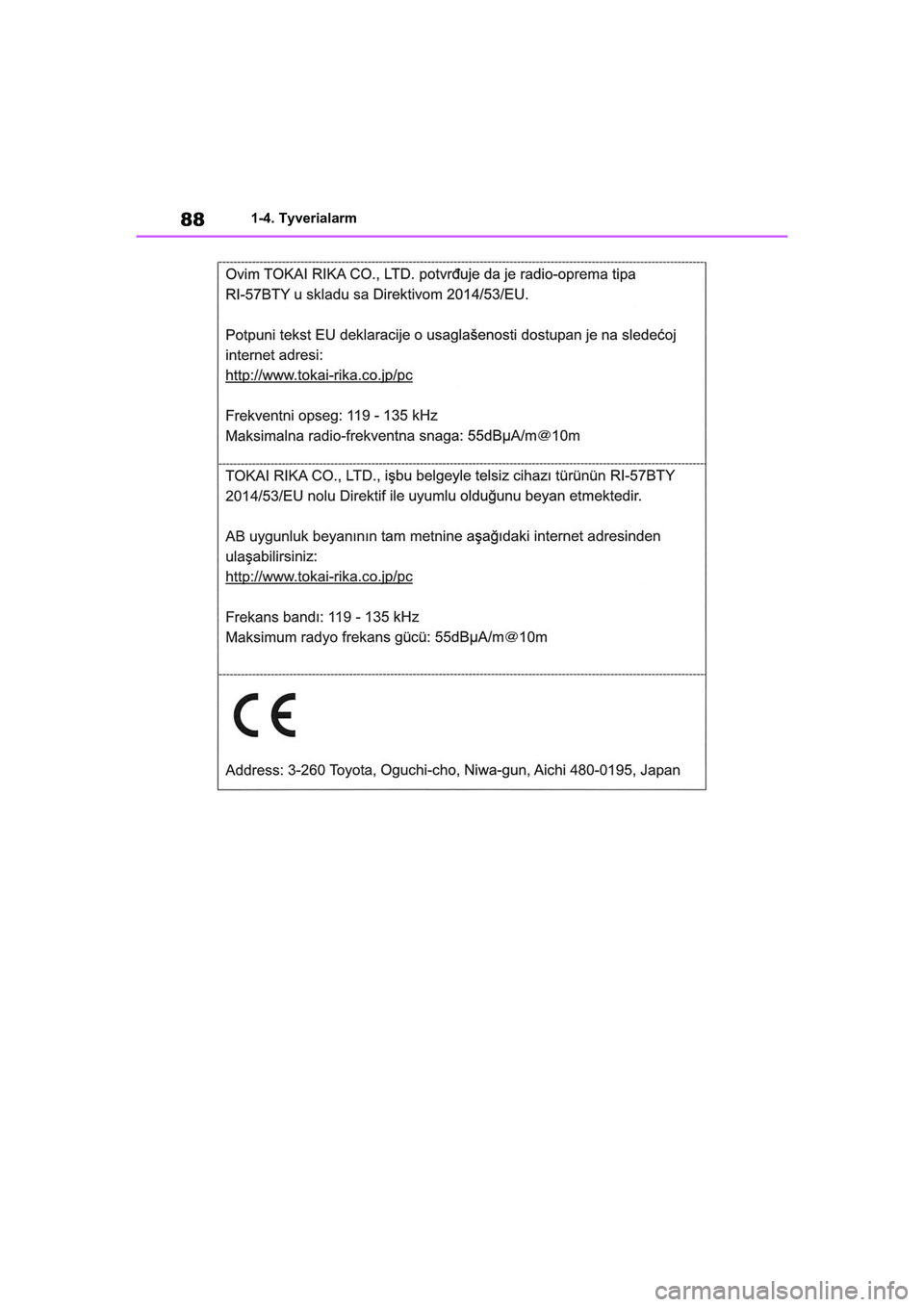 TOYOTA RAV4 2021  Brugsanvisning (in Danish) 881-4. Tyverialarm
OM42D20DK.book  Page 88  Friday, November 27, 2020  1:56 PM 