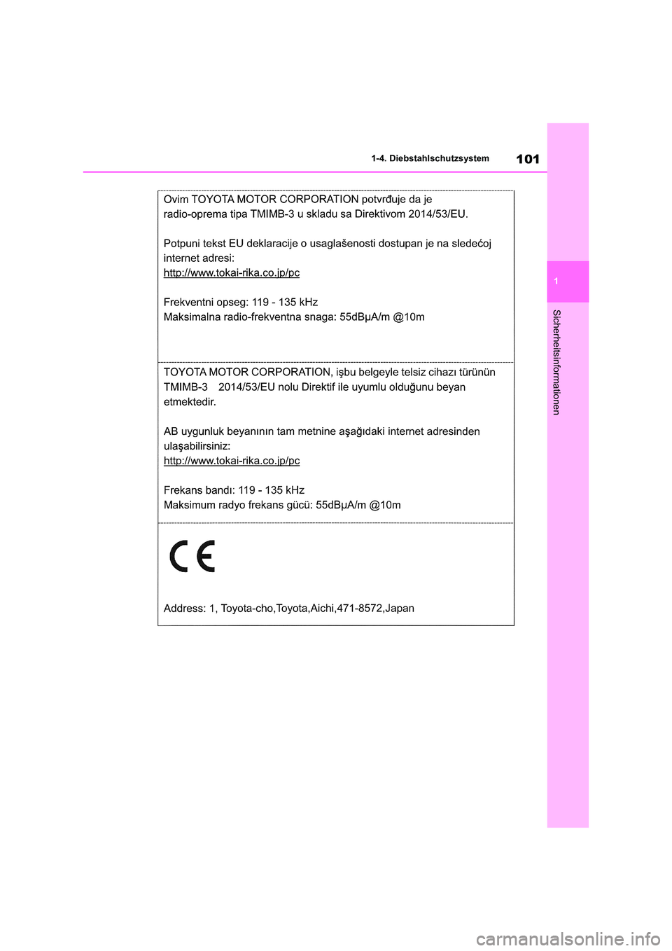 TOYOTA RAV4 2021  Betriebsanleitungen (in German) 101
1 
1-4. Diebstahlschutzsystem
Sicherheitsinformationen 