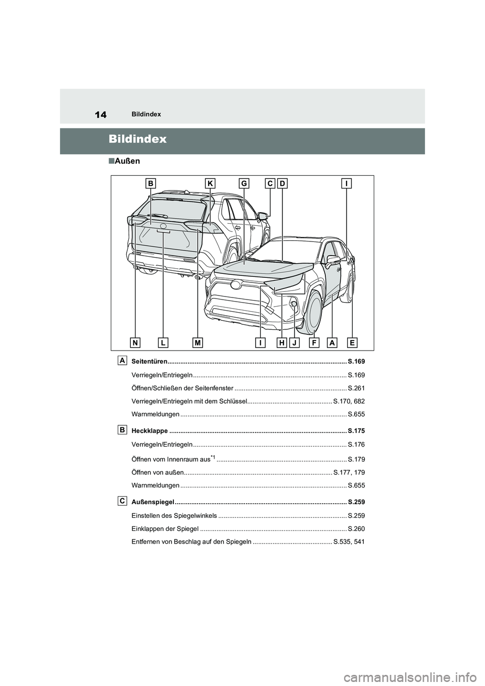 TOYOTA RAV4 2021 Betriebsanleitungen (in German) 14Bildindex
Bildindex
■Außen
Seitentüren................................................................................................... S.169
Verriegeln/Entriegeln ............................ TOYOTA RAV4 2021 Betriebsanleitungen (in German) 14Bildindex
Bildindex
■Außen
Seitentüren................................................................................................... S.169
Verriegeln/Entriegeln ............................