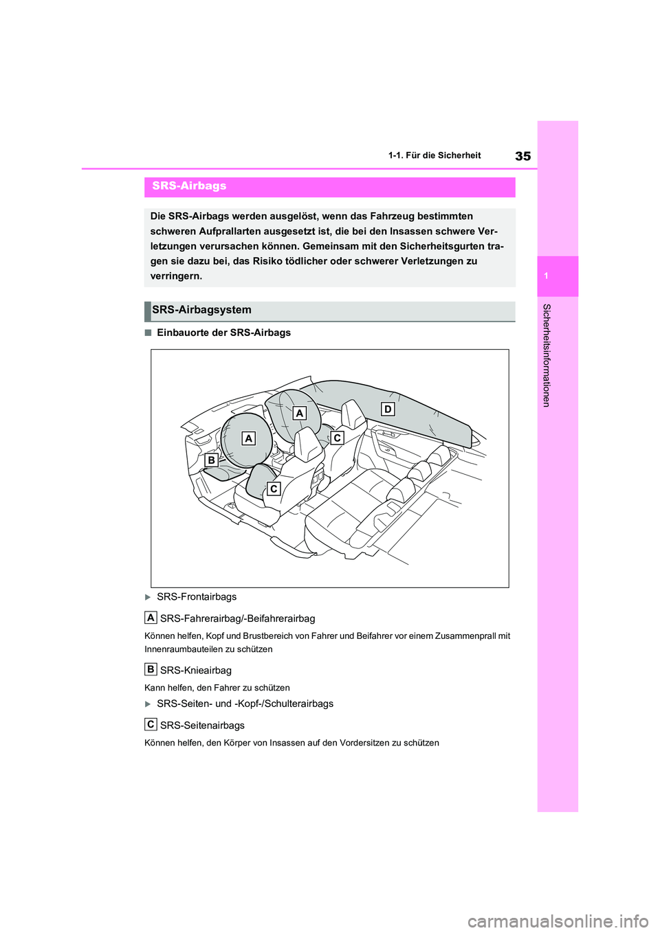 TOYOTA RAV4 2021  Betriebsanleitungen (in German) 35
1 
1-1. Für die Sicherheit
Sicherheitsinformationen
■Einbauorte der SRS-Airbags
SRS-Frontairbags 
SRS-Fahrerairbag/-Beifahrerairbag
Können helfen, Kopf und Brustbereich von Fahrer und Beifah