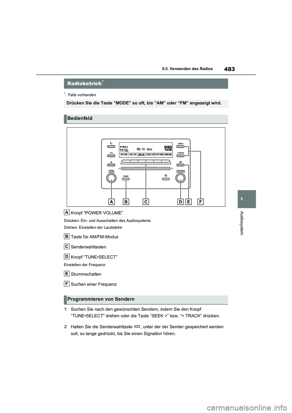 TOYOTA RAV4 2021  Betriebsanleitungen (in German) 483
5 5-3. Verwenden des Radios
Audiosystem
5-3.Verwenden des Radios
*: Falls vorhanden
Knopf “POWER VOLUME”
Drücken: Ein- und Ausschalten des Audiosystems
Drehen: Einstellen der Lautstärke
Tast