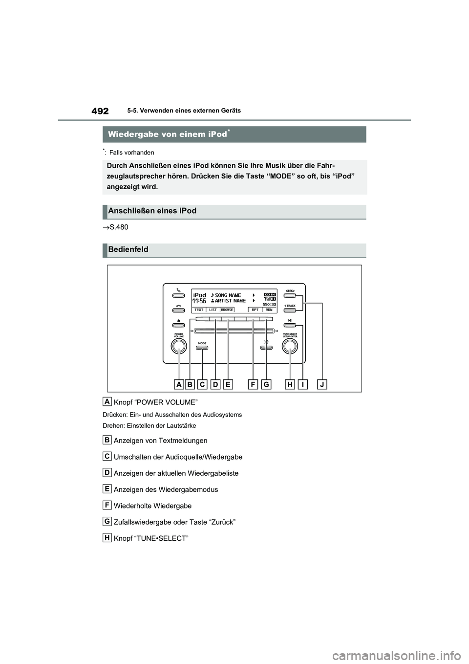 TOYOTA RAV4 2021  Betriebsanleitungen (in German) 4925-5. Verwenden eines externen Geräts
5-5.Verwenden eines externen Geräts
*: Falls vorhanden
S.480
Knopf “POWER VOLUME”
Drücken: Ein- und Ausschalten des Audiosystems
Drehen: Einstellen de