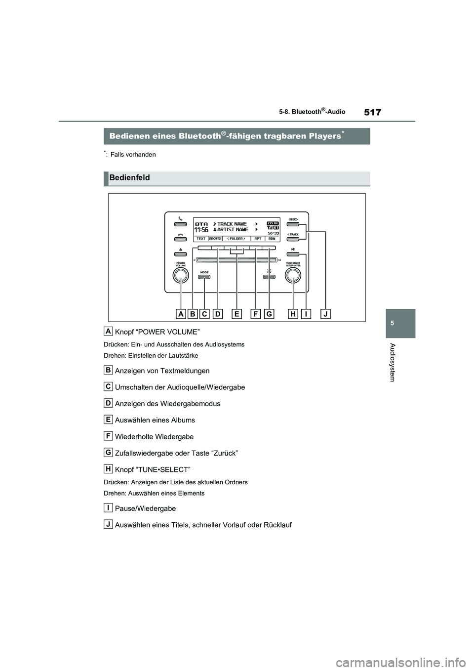 TOYOTA RAV4 2021  Betriebsanleitungen (in German) 517
5 5-8. Bluetooth
®-Audio
Audiosystem
5-8.Bluetooth®-Audio
*: Falls vorhanden
Knopf “POWER VOLUME”
Drücken: Ein- und Ausschalten des Audiosystems
Drehen: Einstellen der Lautstärke
Anzeigen 