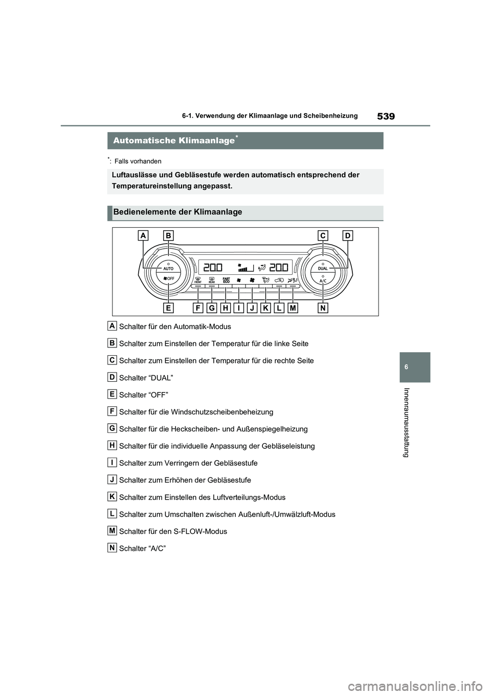 TOYOTA RAV4 2021  Betriebsanleitungen (in German) 539
6 
6-1. Verwendung der Klimaanlage und Scheibenheizung
Innenraumausstattung
*: Falls vorhanden
Schalter für den Automatik-Modus 
Schalter zum Einstellen der Temperatur für die linke Seite 
Schal