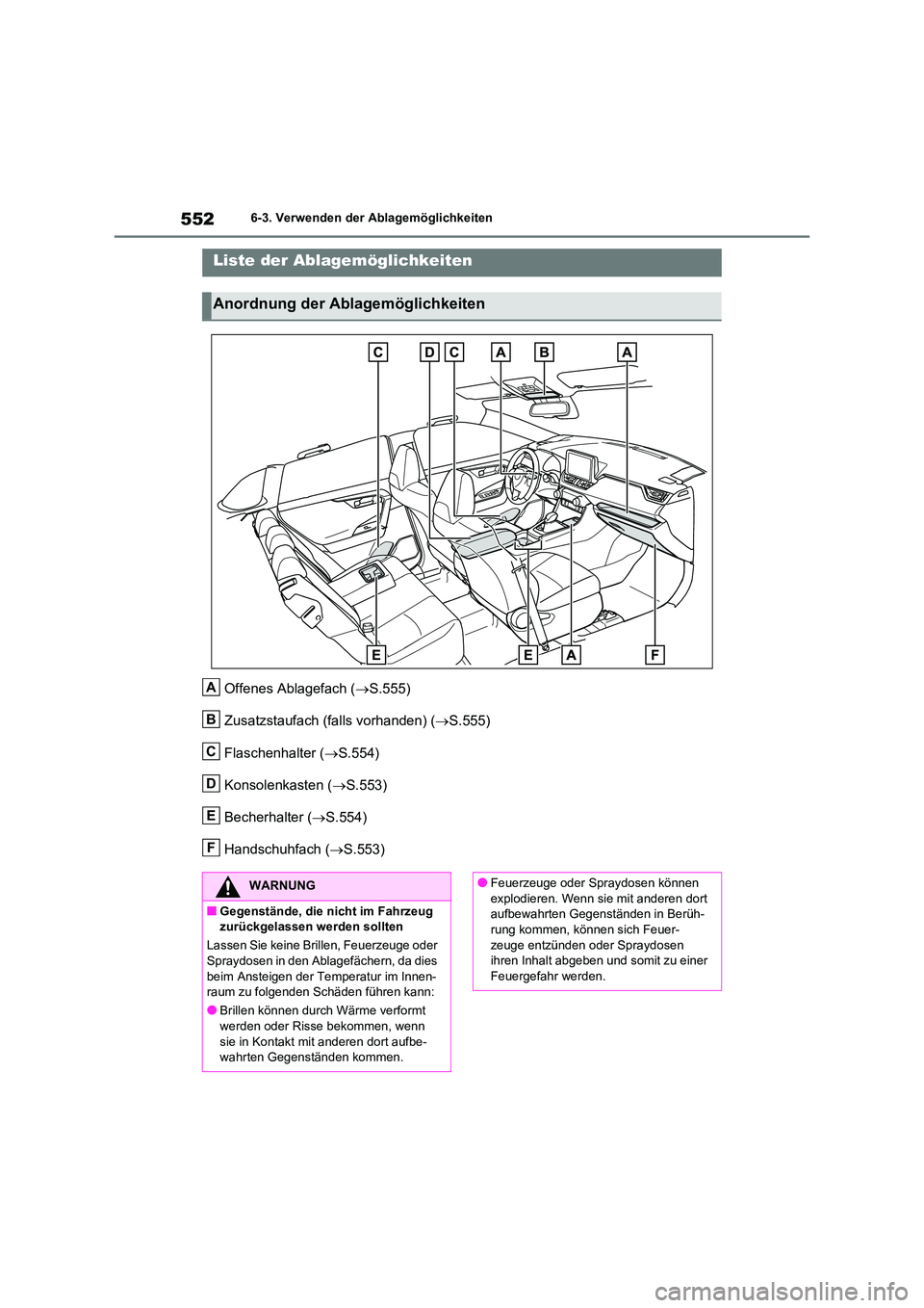 TOYOTA RAV4 2021  Betriebsanleitungen (in German) 5526-3. Verwenden der Ablagemöglichkeiten
6-3.Verwenden der Ablagemöglichkeiten
Offenes Ablagefach (S.555) 
Zusatzstaufach (falls vorhanden) ( S.555) 
Flaschenhalter ( S.554) 
Konsolenkaste