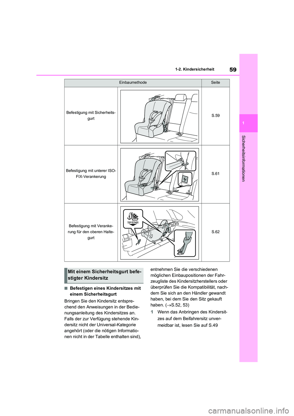 TOYOTA RAV4 2021  Betriebsanleitungen (in German) 59
1 
1-2. Kindersicherheit
Sicherheitsinformationen
■Befestigen eines Kindersitzes mit  
einem Sicherheitsgurt 
Bringen Sie den Kindersitz entspre- 
chend den Anweisungen in der Bedie-
nungsanleitu