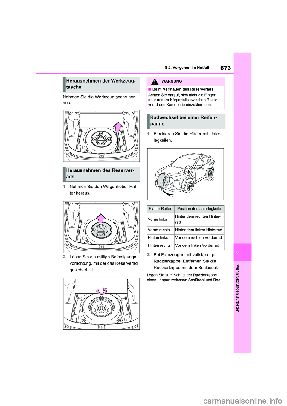 TOYOTA RAV4 2021  Betriebsanleitungen (in German) 673
8 
8-2. Vorgehen im Notfall
Wenn Störungen auftreten
Nehmen Sie die Werkzeugtasche her- 
aus. 
1 Nehmen Sie den Wagenheber-Hal- 
ter heraus. 
2 Lösen Sie die mittige Befestigungs- 
vorrichtung, 