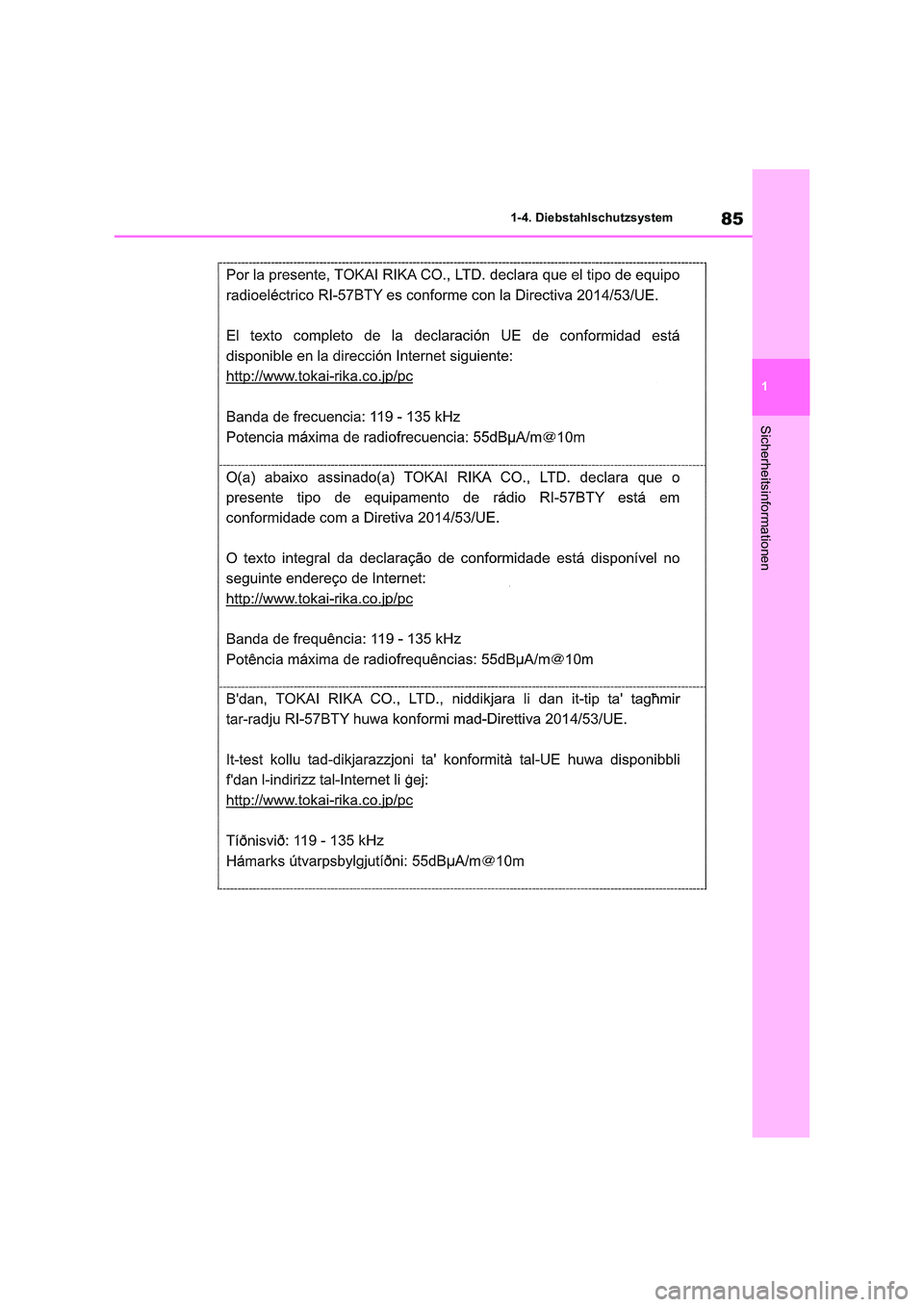 TOYOTA RAV4 2021  Betriebsanleitungen (in German) 85
1 
1-4. Diebstahlschutzsystem
Sicherheitsinformationen 