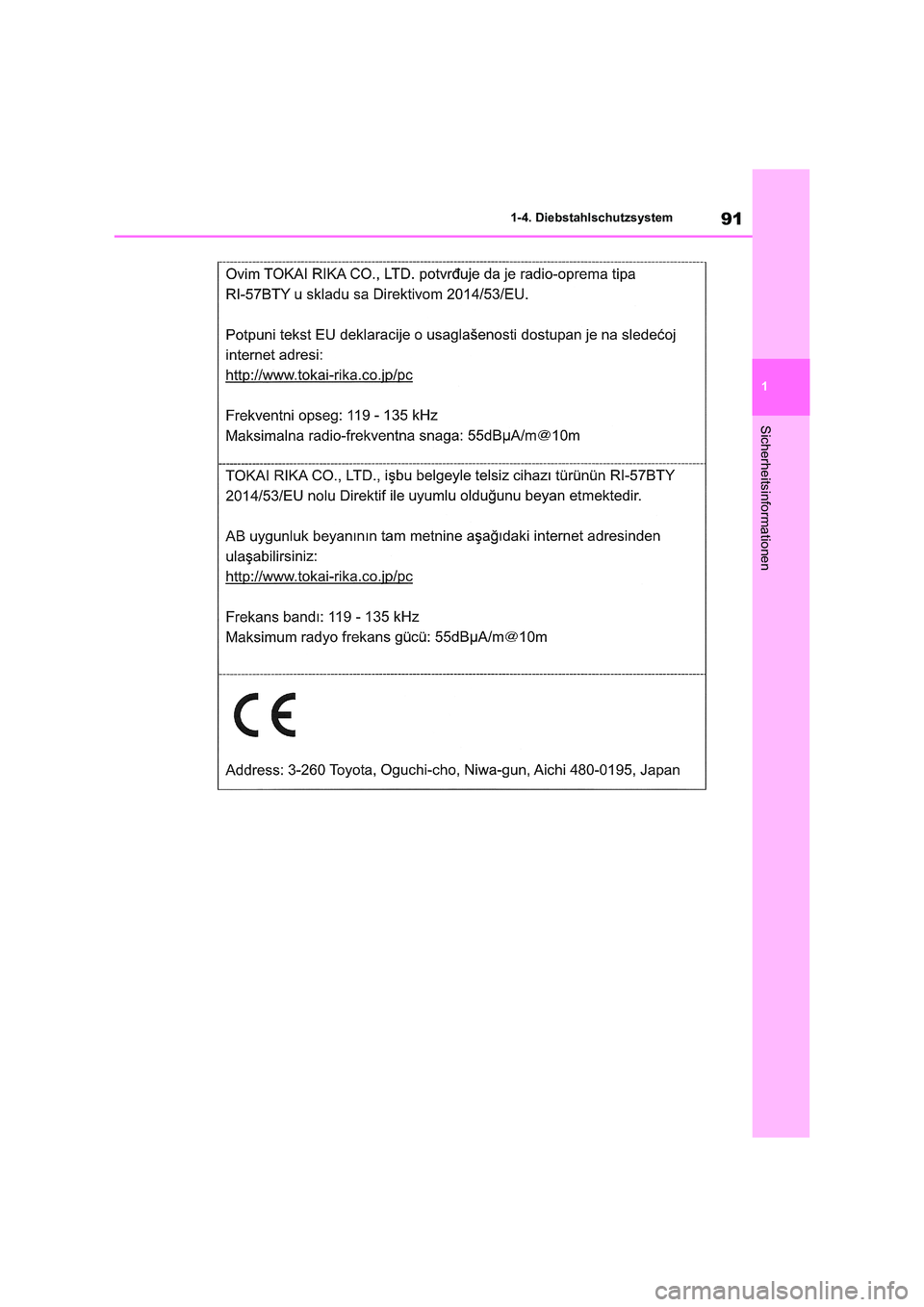 TOYOTA RAV4 2021  Betriebsanleitungen (in German) 91
1 
1-4. Diebstahlschutzsystem
Sicherheitsinformationen 