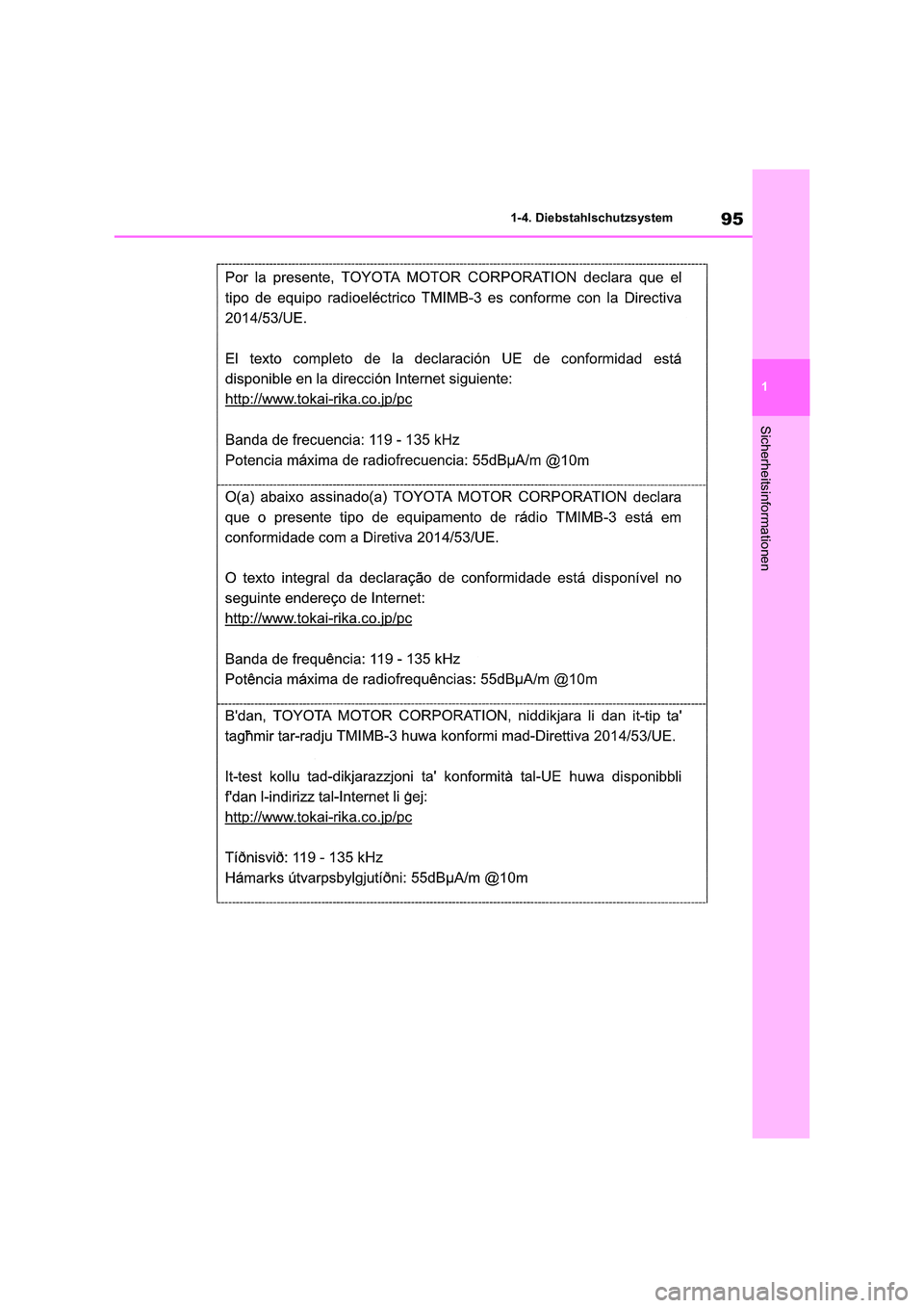TOYOTA RAV4 2021  Betriebsanleitungen (in German) 95
1 
1-4. Diebstahlschutzsystem
Sicherheitsinformationen 