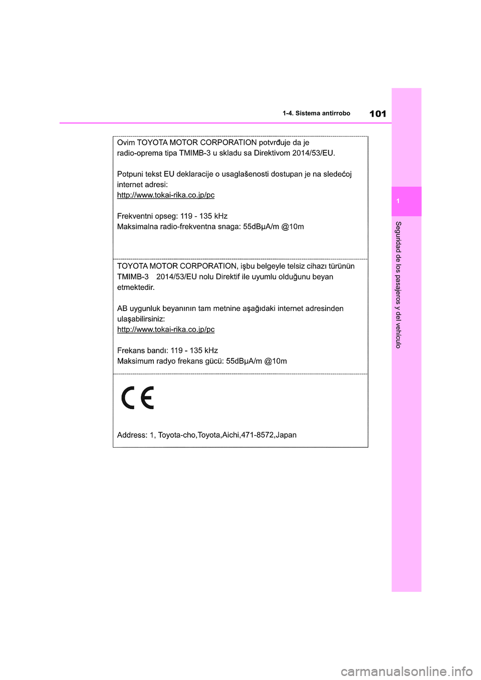 TOYOTA RAV4 2021  Manual del propietario (in Spanish) 101
1 
1-4. Sistema antirrobo
Seguridad de los pasajeros y del vehículo 