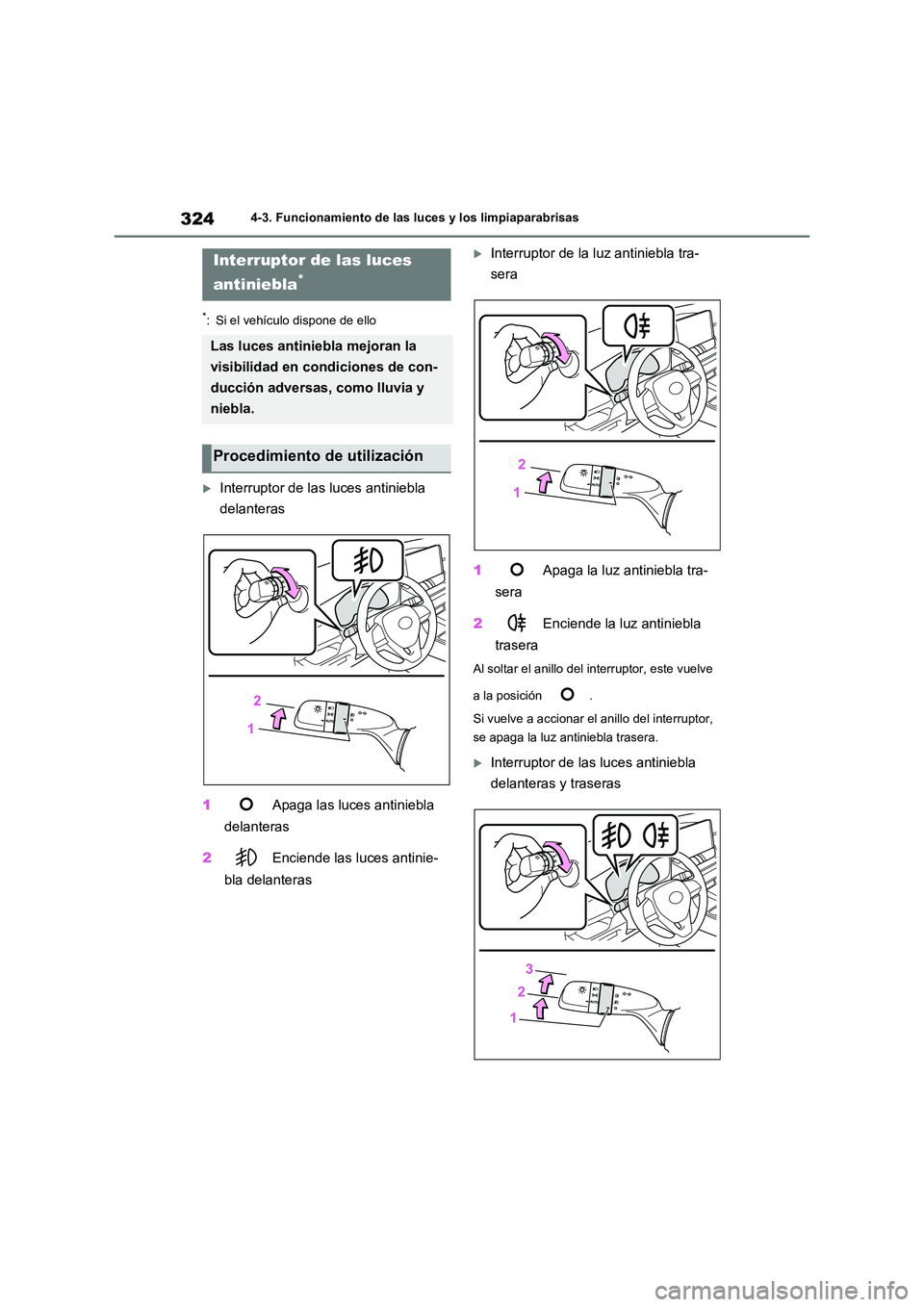 TOYOTA RAV4 2021  Manual del propietario (in Spanish) 3244-3. Funcionamiento de las luces y los limpiaparabrisas
*: Si el vehículo dispone de ello
Interruptor de las luces antiniebla  
delanteras 
1  Apaga las luces antiniebla  
delanteras 
2  Encien