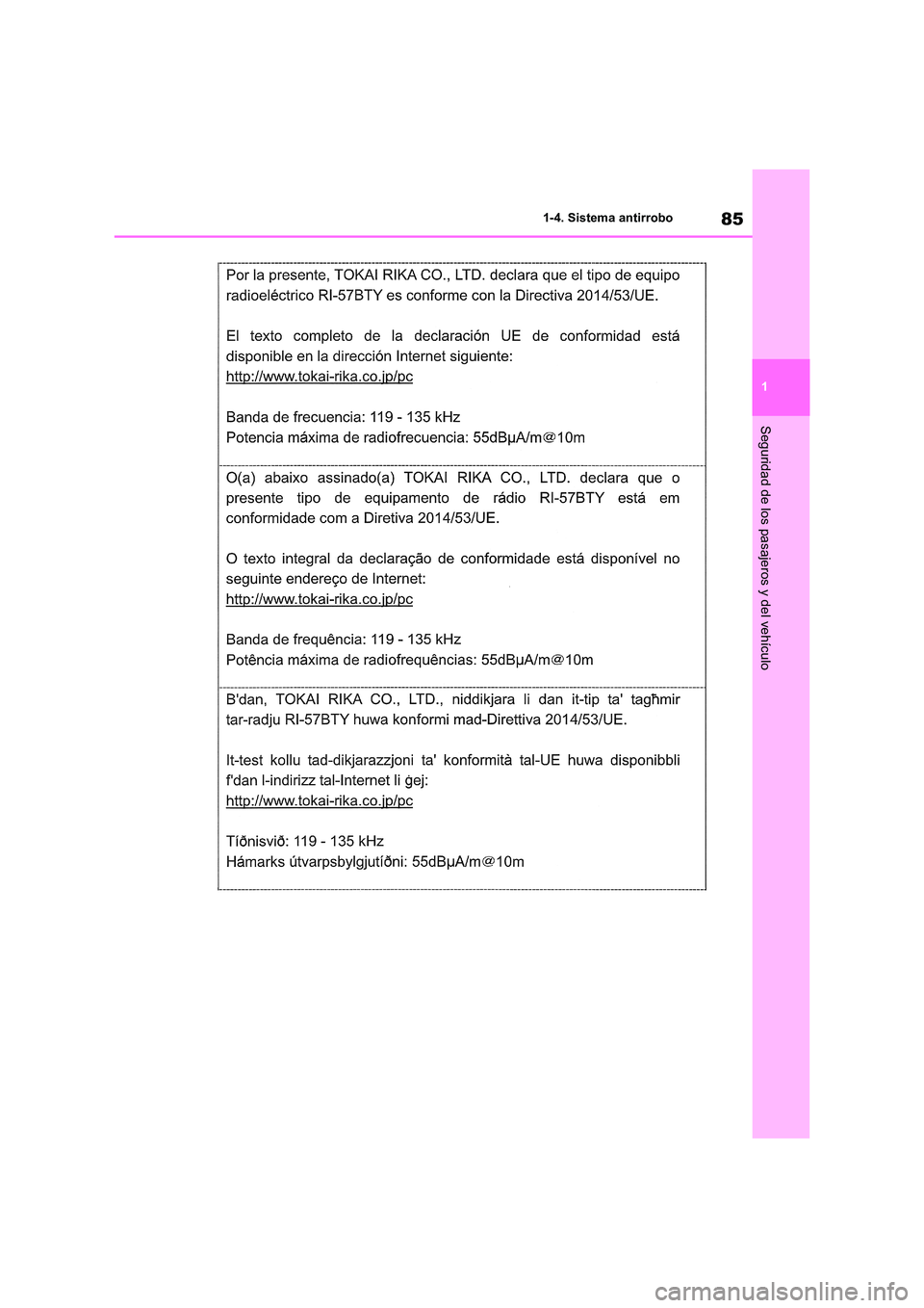 TOYOTA RAV4 2021  Manual del propietario (in Spanish) 85
1 
1-4. Sistema antirrobo
Seguridad de los pasajeros y del vehículo 