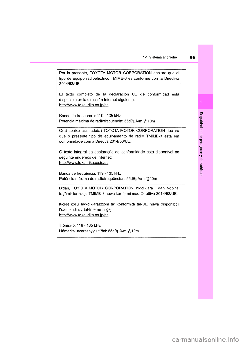 TOYOTA RAV4 2021  Manual del propietario (in Spanish) 95
1 
1-4. Sistema antirrobo
Seguridad de los pasajeros y del vehículo 