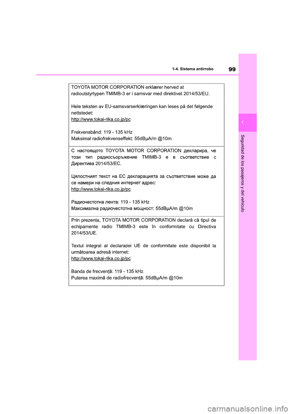 TOYOTA RAV4 2021  Manual del propietario (in Spanish) 99
1 
1-4. Sistema antirrobo
Seguridad de los pasajeros y del vehículo 