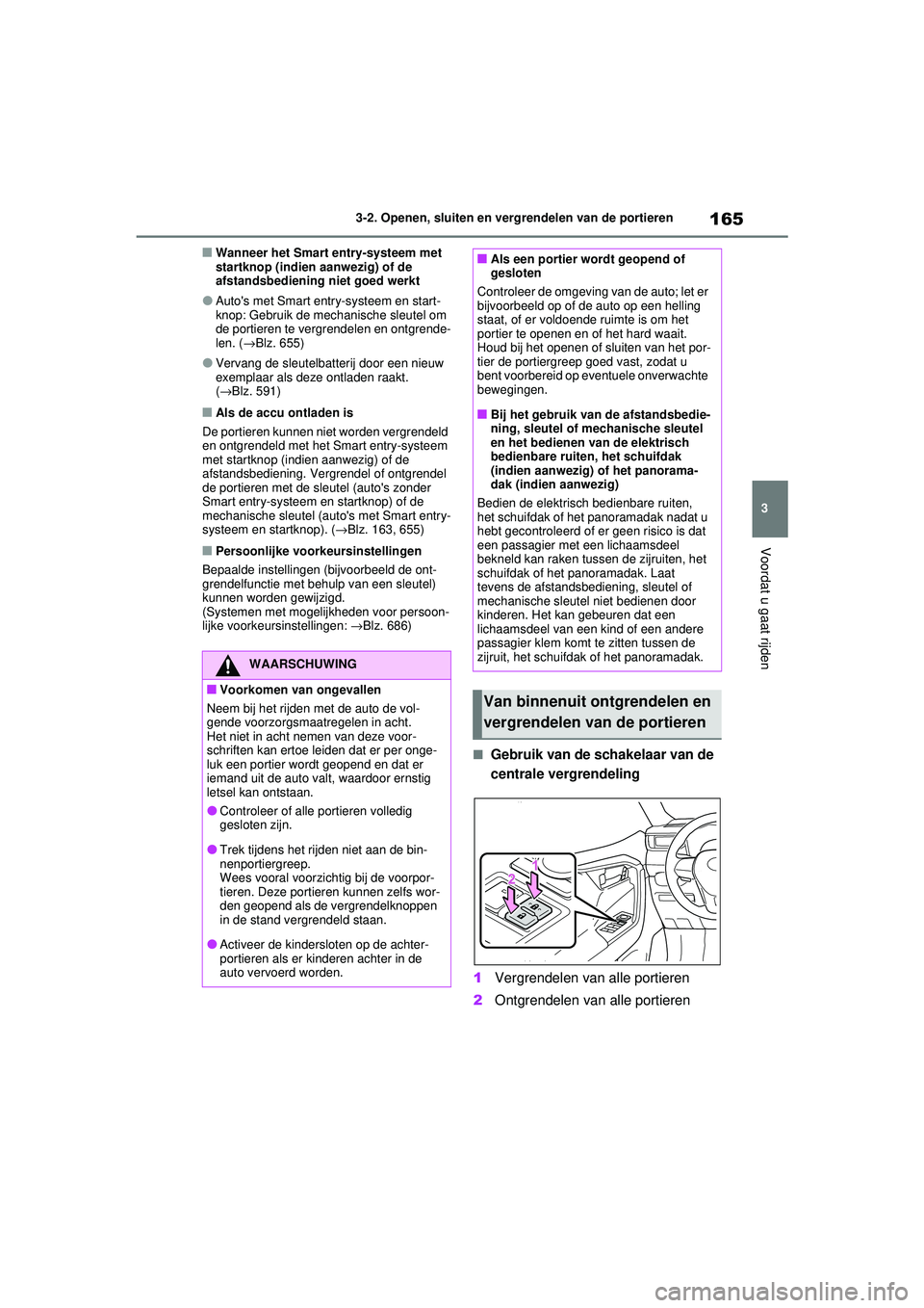 TOYOTA RAV4 2021  Instructieboekje (in Dutch) 165
3
3-2. Openen, sluiten en vergrendelen van de portieren
Voordat u gaat rijden
■Wanneer het Smart entry-systeem met 
startknop (indien aanwezig) of de 
afstandsbediening niet goed werkt
●Autos