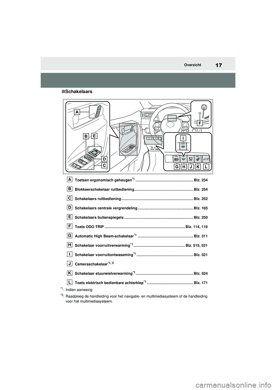 TOYOTA RAV4 2021  Instructieboekje (in Dutch) 17Overzicht
■Schakelaars
Toetsen ergonomisch geheugen*1........................................................ Blz. 234
Blokkeerschakelaar ruitbediening ............................................