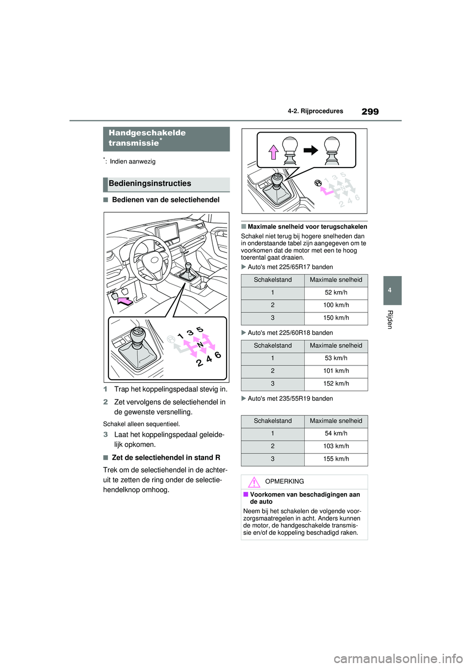 TOYOTA RAV4 2021  Instructieboekje (in Dutch) 299
4
4-2. Rijprocedures
Rijden
*: Indien aanwezig
■Bedienen van de selectiehendel
1 Trap het koppelingspedaal stevig in.
2 Zet vervolgens de selectiehendel in 
de gewenste versnelling.
Schakel alle
