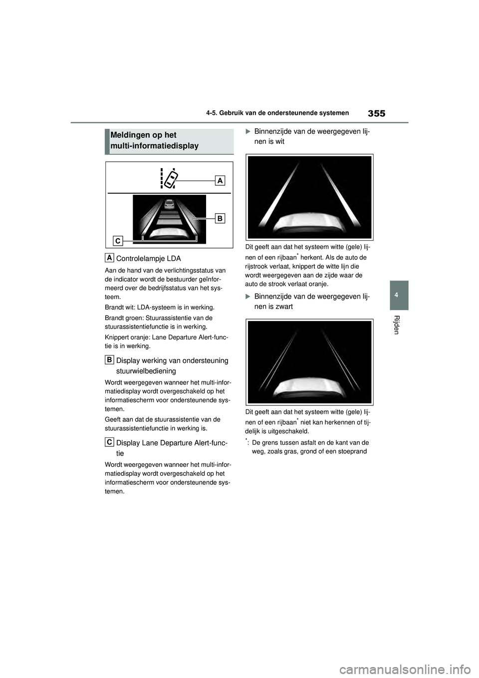 TOYOTA RAV4 2021  Instructieboekje (in Dutch) 355
4
4-5. Gebruik van de ondersteunende systemen
Rijden
Controlelampje LDA
Aan de hand van de verlichtingsstatus van 
de indicator wordt de bestuurder geïnfor-
meerd over de bedrijfsstatus van het s