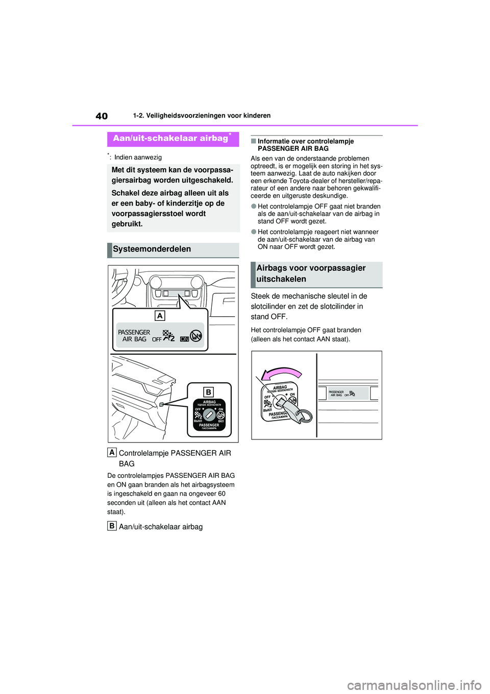 TOYOTA RAV4 2021  Instructieboekje (in Dutch) 401-2. Veiligheidsvoorzieningen voor kinderen
1-2.Veiligheidsvoorzieningen voor kinderen
*: Indien aanwezig
Controlelampje PASSENGER AIR 
BAG
De controlelampjes PASSENGER AIR BAG 
en ON gaan branden a