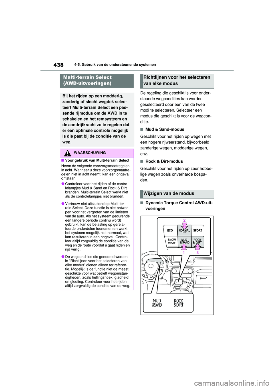 TOYOTA RAV4 2021  Instructieboekje (in Dutch) 4384-5. Gebruik van de ondersteunende systemen
De regeling die geschikt is voor onder-
staande wegcondities kan worden 
geselecteerd door een van de twee 
modi te selecteren. Selecteer een 
modus die 