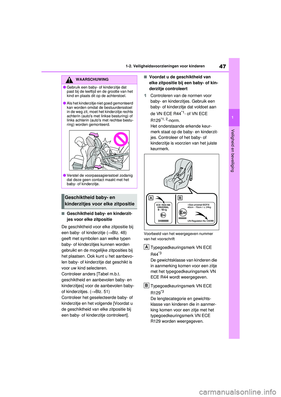 TOYOTA RAV4 2021  Instructieboekje (in Dutch) 47
1
1-2. Veiligheidsvoorzieningen voor kinderen
Veiligheid en beveiliging
■Geschiktheid baby- en kinderzit-
jes voor elke zitpositie
De geschiktheid voor elke zitpositie bij 
een baby- of kinderzit