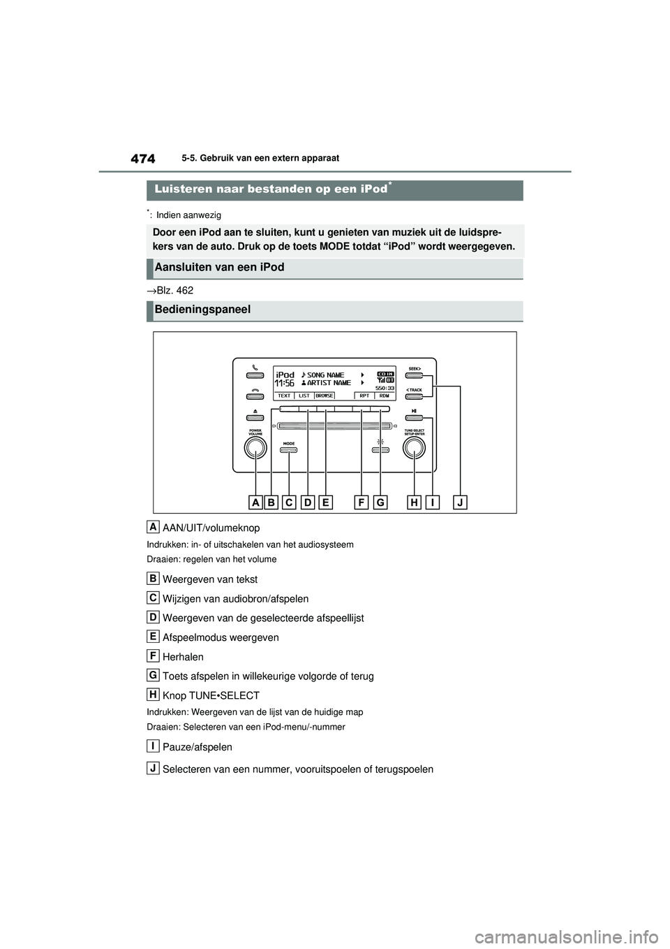 TOYOTA RAV4 2021  Instructieboekje (in Dutch) 4745-5. Gebruik van een extern apparaat
5-5.Gebruik van een extern apparaat
*: Indien aanwezig
→Blz. 462AAN/UIT/volumeknop
Indrukken: in- of uitschakelen van het audiosysteem
Draaien: regelen van he