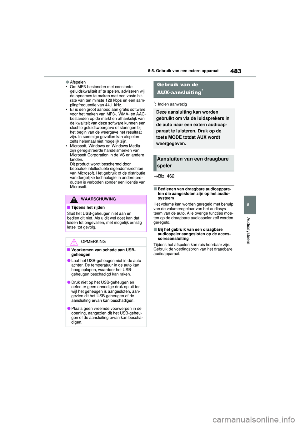 TOYOTA RAV4 2021  Instructieboekje (in Dutch) 483
5
5-5. Gebruik van een extern apparaat
Audiosysteem
●Afspelen
• Om MP3-bestanden met constante  geluidskwaliteit af te spelen, adviseren wij 
de opnames te maken met een vaste bit-
rate van te