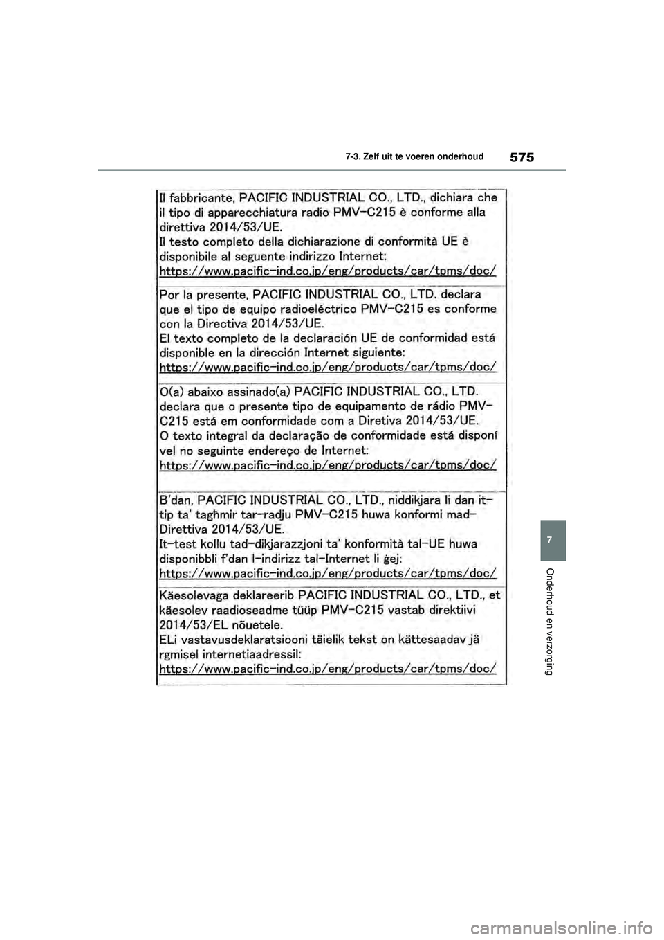 TOYOTA RAV4 2021  Instructieboekje (in Dutch) 575
7
7-3. Zelf uit te voeren onderhoud
Onderhoud en verzorging
pM_RAV4_OM_OM42D20E_(EE).book  Page 575  Friday, August 7, 2020  1:15 PM 